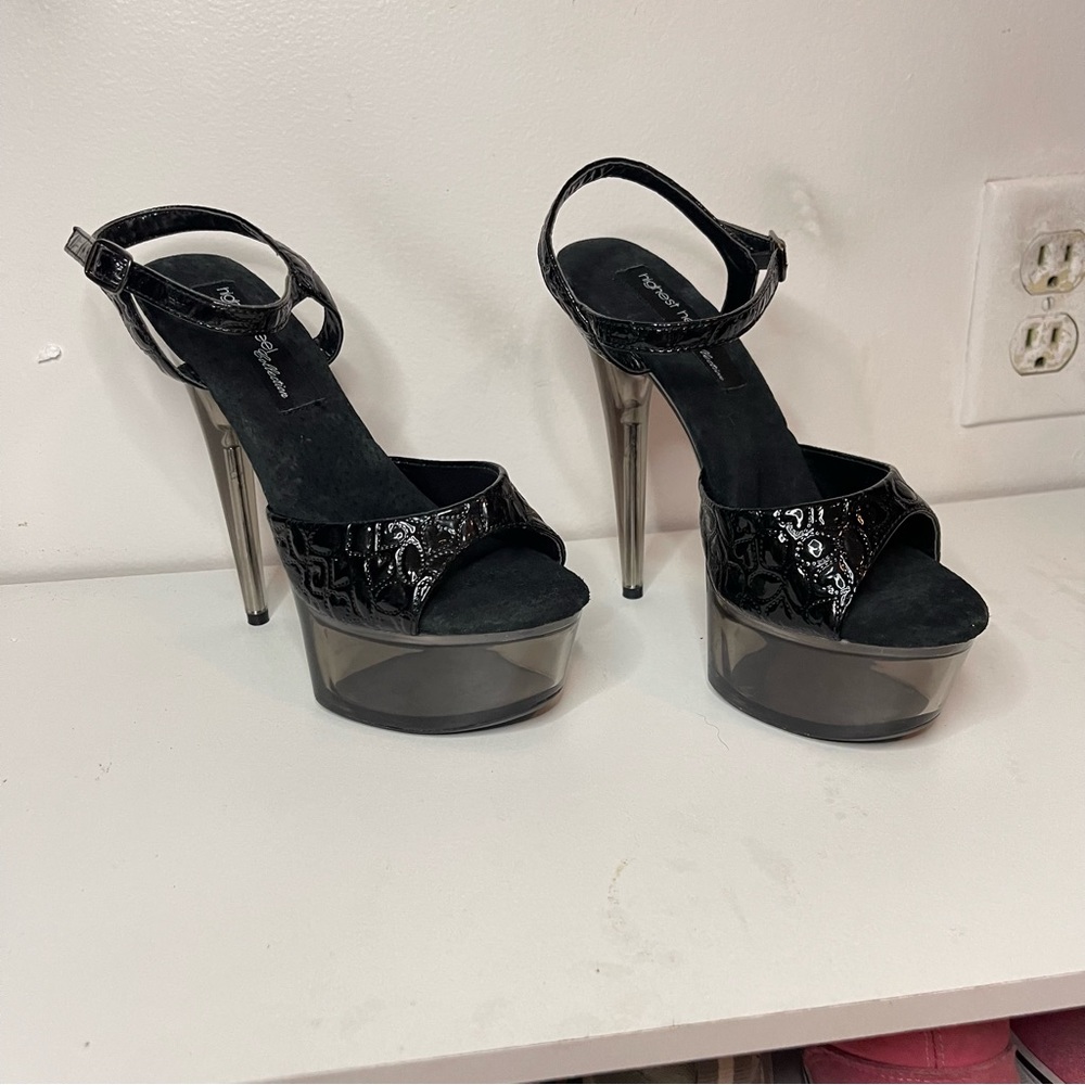 The highest heel Black Heart Patent Leather Clear Platform Shoes